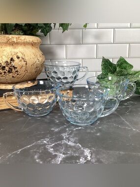 4 Vtg Anchor Hocking Blue Bubble Glass Teacups Or Punch Glasses Depression Glass